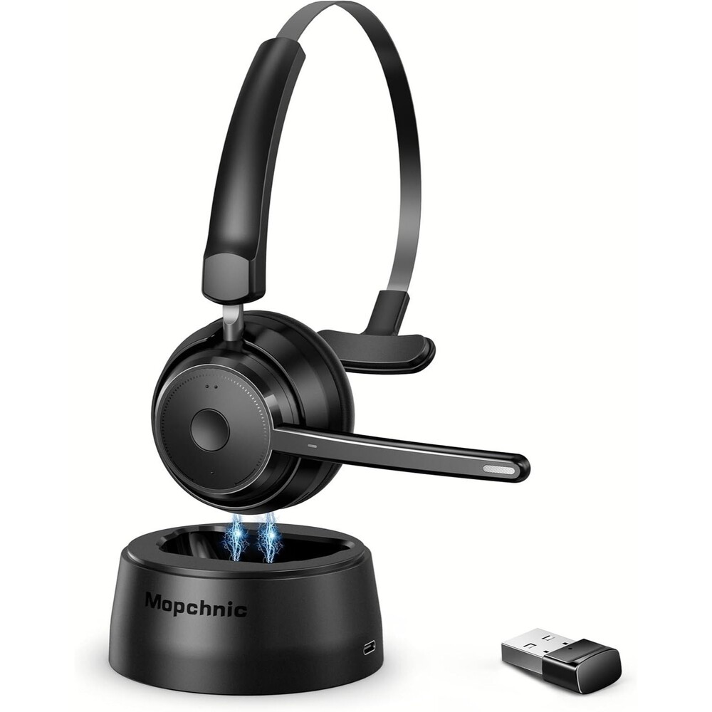 Mopchnic Bluetooth Headset w/ AI Noise Canceling Mic + USB Dongle - Black